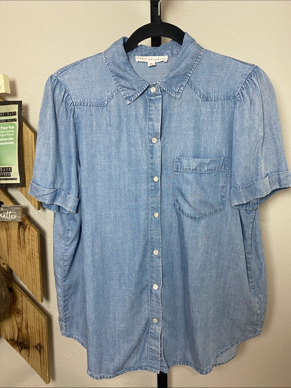Jane and Delancey Blue Short-Sleeve Button-Down Shirt Lyocell szS  20ptp 25L